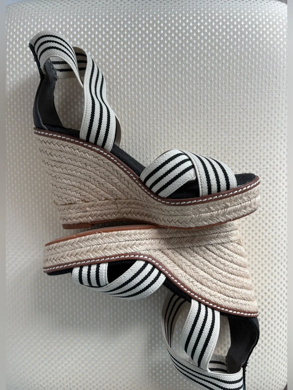 Tory Burch Frieda Black and White Striped Espadrille Wedge Sandals